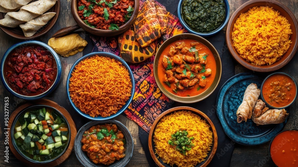 A table full of traditional Nigerian food with many different dishes, including rice, beans, and meat A table full of traditional Nigerian food with many different dishes, including rice, beans, and meat