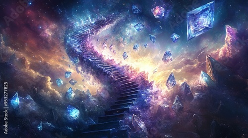 A surreal image depicting an ethereal staircase ascending through a cosmic landscape. The scene is infused with vibrant, swirling nebulae and sparkling crystal formations floating in space. The stairc photo