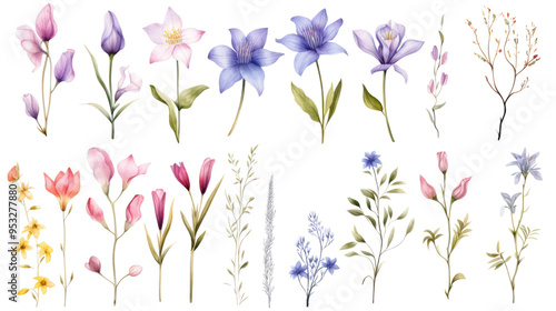 Wallpaper Mural Set of watercolor wildflowers painting isolated on clear png background and transparent background. Fresh and nature concept for nature decorative and flower element, AI generative.	
 Torontodigital.ca