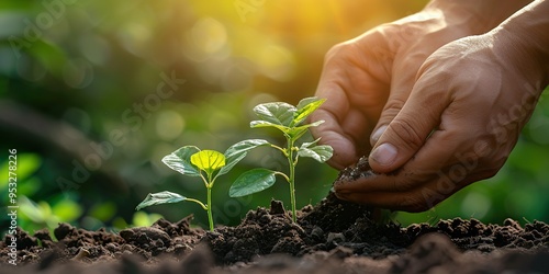 A pair of hands gently plant a young sapling in rich soil, with sunlight shining through the leaves, symbolizing growth and renewal.