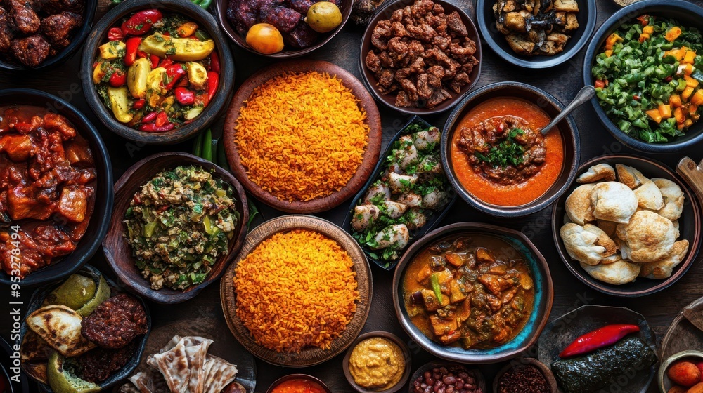 A table full of traditional Nigerian food with many different dishes, including rice, beans, and meat A table full of traditional Nigerian food with many different dishes, including rice, beans, and meat