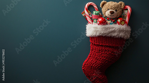 A cheerful Christmas stocking filled with candy canes, teddy bear, and colorful gifts brings festive joy to holiday season.