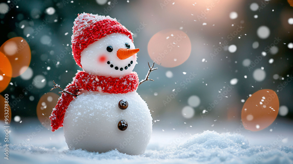A playful snowman with carrot nose, button eyes, and cozy red scarf stands in snow, surrounded by falling snowflakes and soft, dreamy background. A playful snowman with carrot nose, button eyes, and cozy red scarf stands in snow, surrounded by falling snowflakes and soft, dreamy background.