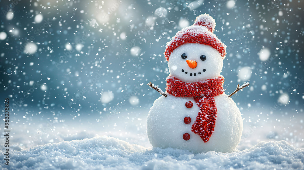 A playful snowman with carrot nose, button eyes, and red scarf stands in falling snow, creating cheerful winter scene. A playful snowman with carrot nose, button eyes, and red scarf stands in falling snow, creating cheerful winter scene.