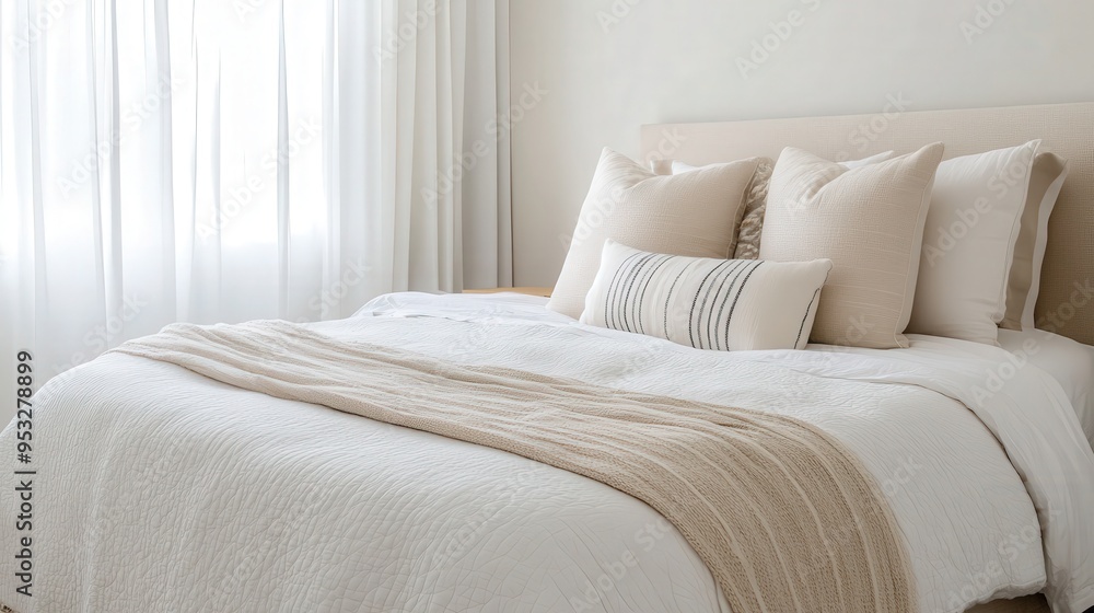 Obraz premium A cozy and inviting bedroom featuring soft neutral tones, plush pillows, and natural light streaming through sheer curtains.