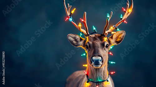 A playful reindeer adorned with colorful Christmas lights brings festive spirit. Its bright eyes and decorated antlers create joyful atmosphere.