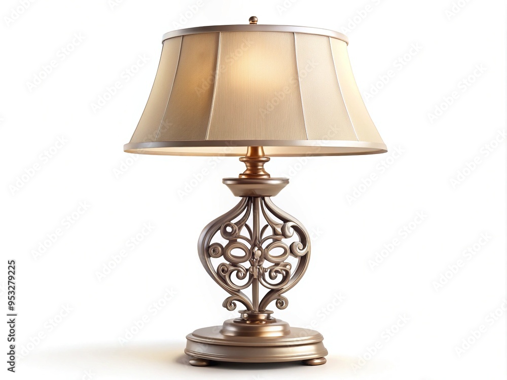 Elegant modern table lamp with ornate metal design and cream-colored shade, realistically rendered in 3D, isolated on a white background for easy editing. Elegant modern table lamp with ornate metal design and cream-colored shade, realistically rendered in 3D, isolated on a white background for easy editing.