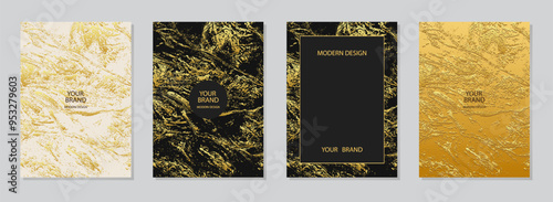 Cover design set. Texture backgrounds, gold texture, embossed. Geometric marble 3d pattern with spots, cracks, scratches. Luxury collection, grunge overlay layer. Vertical templates.