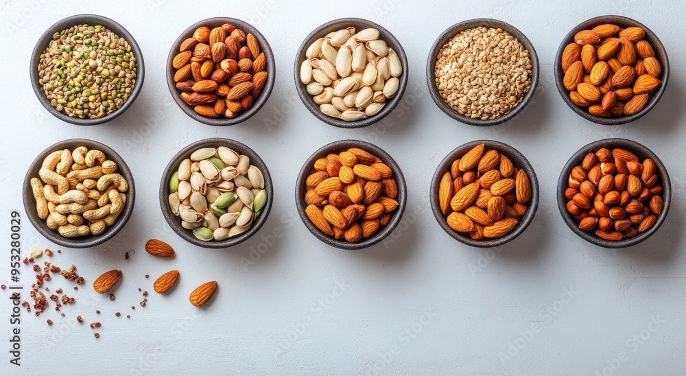 A colorful array of nuts and seeds displayed in bowls on a white background A colorful array of nuts and seeds displayed in bowls on a white background