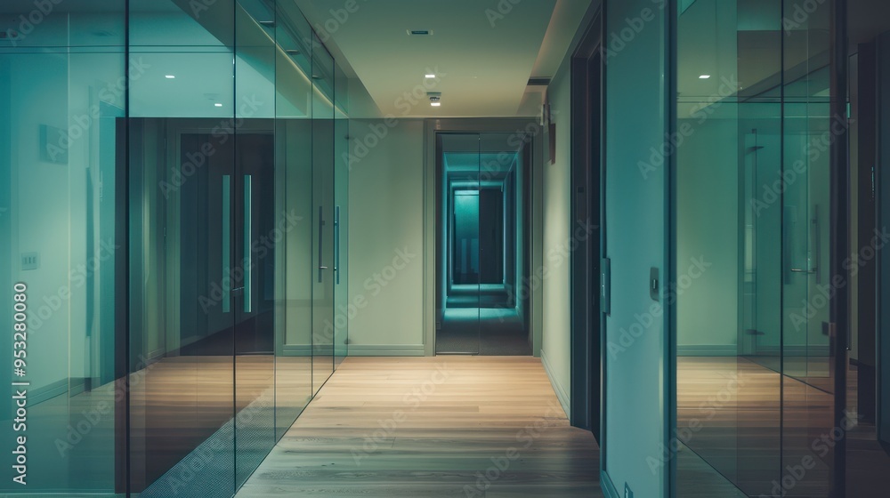 serene composition highlighting the reflection of the hallway's interior on the mirror's surface serene composition highlighting the reflection of the hallway's interior on the mirror's surface