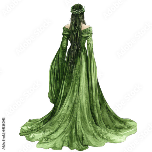 A woman in a green gown with a wreath on her head. She is standing in front of a white background