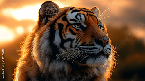 Close-up of a tiger's face with a sunset in the background.