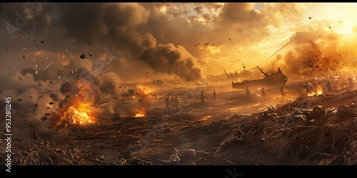 Epic Battle Scene. High detailed plain background with warriors in combat photo