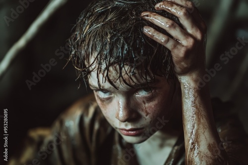 Young actor posing as dirty and wet apocalypse survivor