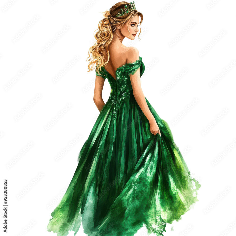 A woman in a green dress is wearing a tiara. She is standing in front of a white background