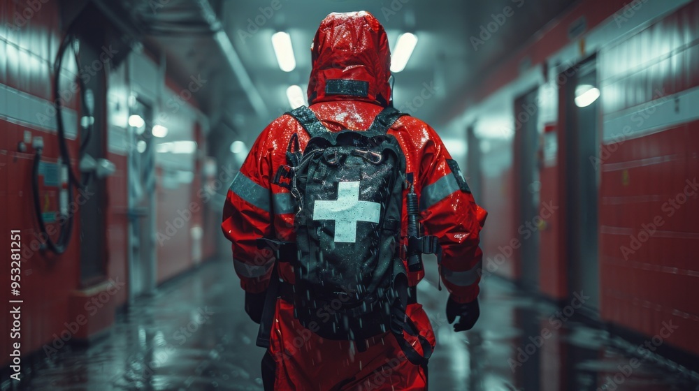 Depict a paramedic zipping up their uniform jacket in the Depict a paramedic zipping up their uniform jacket in the