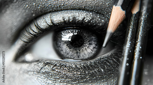 Closeup of a woman's eye with two pencils resting on her skin. photo