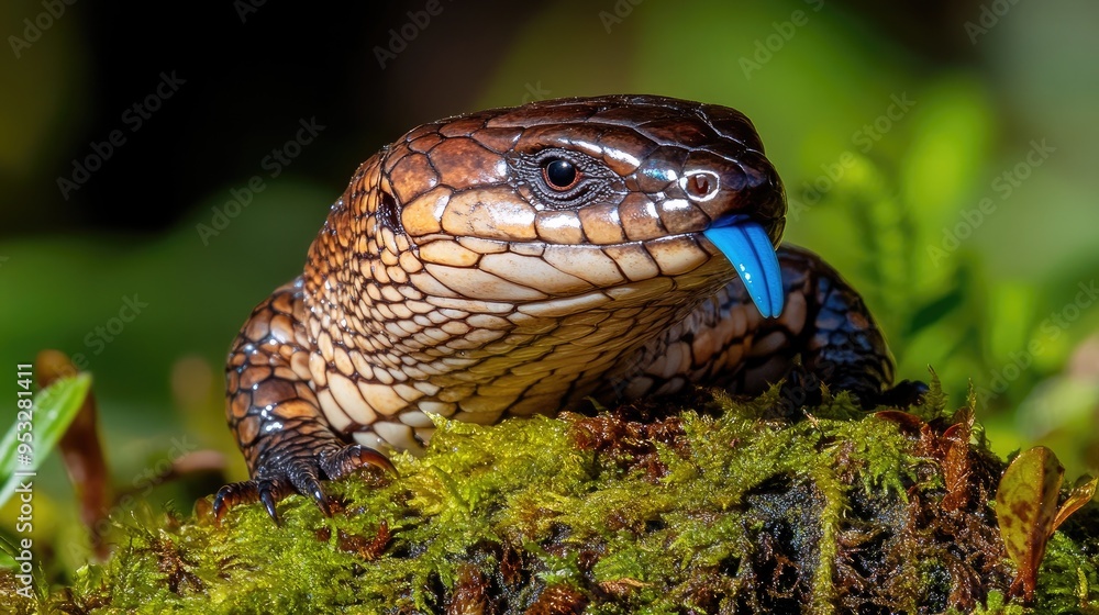 A close-up of a skink with a blue tongue resting on mossy ground. A close-up of a skink with a blue tongue resting on mossy ground.