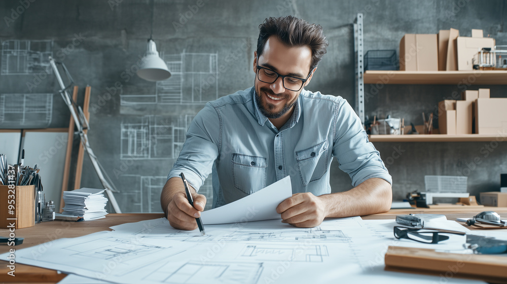 Young businessman architect smiling sitting at his desk with blueprints in a luminous office Young businessman architect smiling sitting at his desk with blueprints in a luminous office