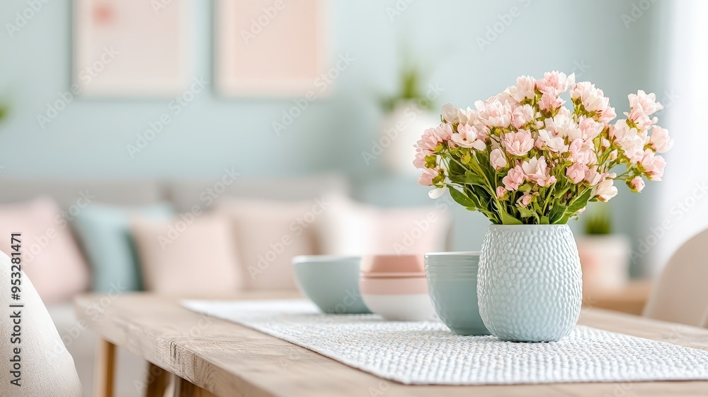 A serene dining table set with soft pastel decor and a beautiful flower vase, creating a calming atmosphere for relaxation. A serene dining table set with soft pastel decor and a beautiful flower vase, creating a calming atmosphere for relaxation.