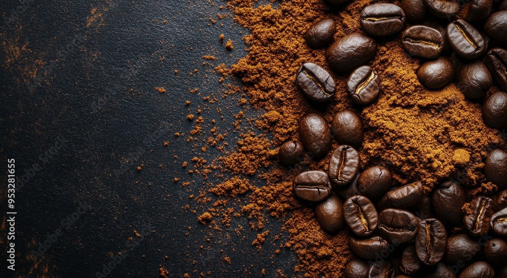 Freshly ground coffee beans on a dark surface ready for brewing morning coffee Freshly ground coffee beans on a dark surface ready for brewing morning coffee