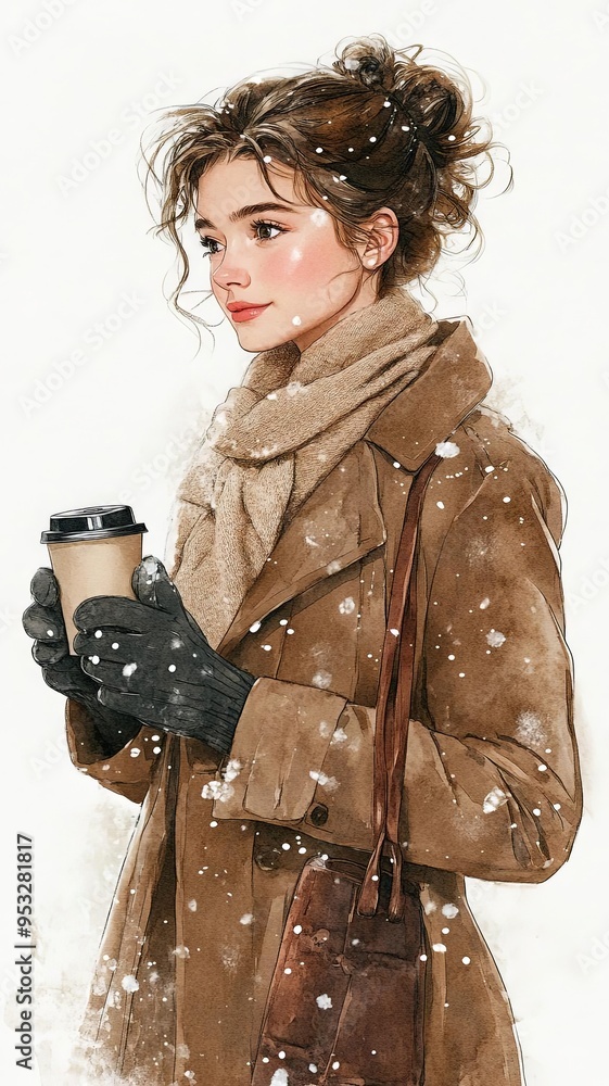 Charming watercolor illustration of a girl in a long winter coat and boots, holding a coffee cup, wearing a knitted hat, warm and neutral colors, on a white background Charming watercolor illustration of a girl in a long winter coat and boots, holding a coffee cup, wearing a knitted hat, warm and neutral colors, on a white background