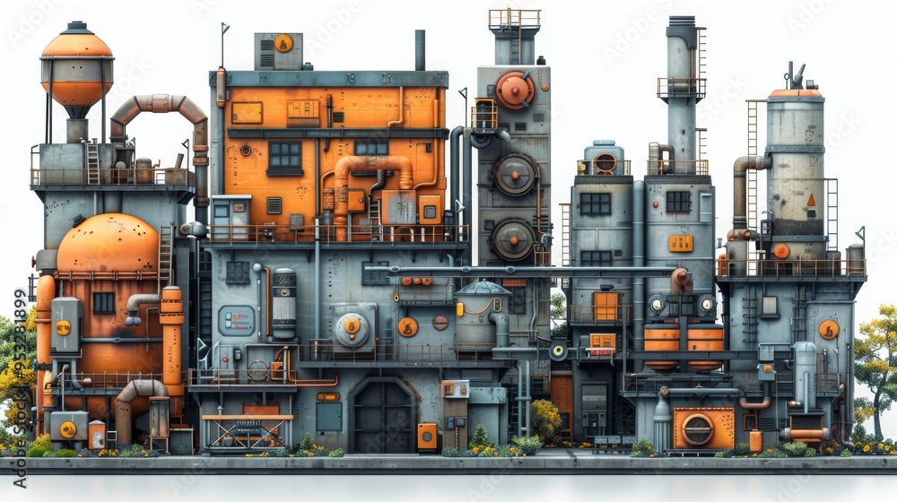 Depict a variety of manufacturing symbols, including assembly lines, factory Depict a variety of manufacturing symbols, including assembly lines, factory
