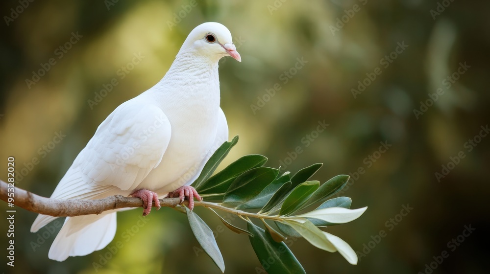 Obraz premium A white dove resting on a branch with an olive leaf in its beak, symbolizing peace and reconciliation