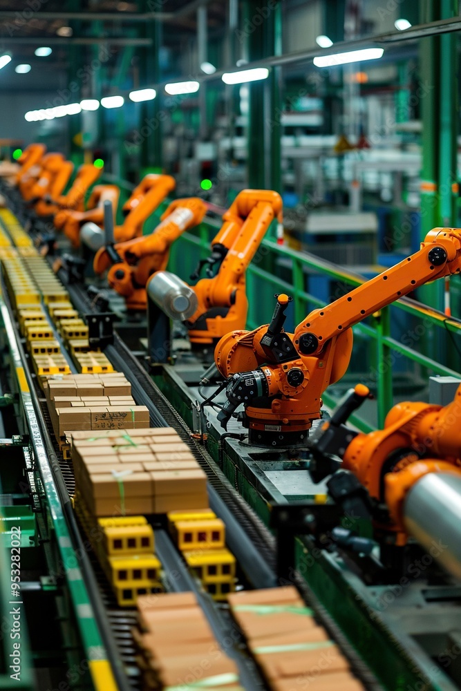 A row of robotic arms work on an assembly line in a factory, moving bricks along a conveyor belt. A row of robotic arms work on an assembly line in a factory, moving bricks along a conveyor belt.