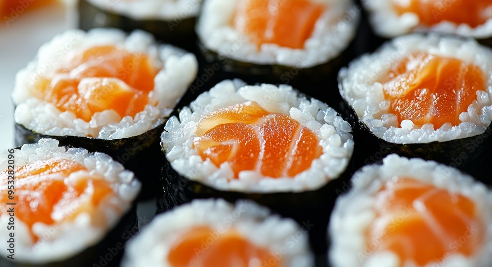 Fresh sushi rolls with salmon and rice arranged on a clean white surface Fresh sushi rolls with salmon and rice arranged on a clean white surface