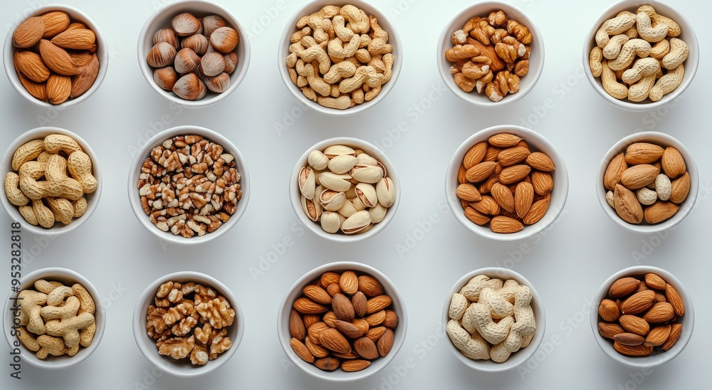 A vibrant collection of assorted nuts and seeds displayed in bowls on a light background A vibrant collection of assorted nuts and seeds displayed in bowls on a light background