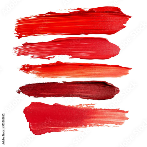 Various red paint smears display different shades and textures, emphasizing creativity and artistic flair, Assorted red paint smear smudge swatch on transparent background