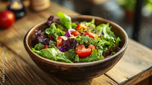 A light salad served in a handcrafted bowl on a wooden table