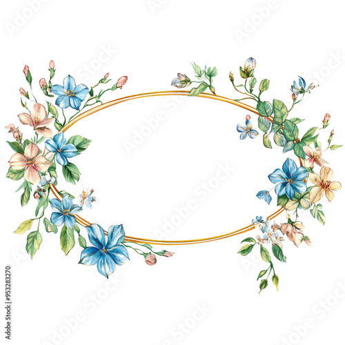 A flowery border with a gold frame. The flowers are blue and pink