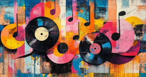 Colorful abstract mural featuring vinyl records and musical notes on a vibrant background