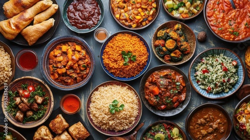 A table full of traditional Nigerian food with many different dishes, including rice, beans, and meat