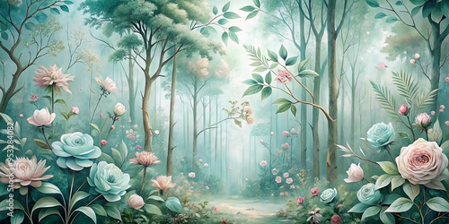 muted whimsy ethereal forest wallpaper teal pastel hues tender petals lush foliage delicate stems soft diffused light dreamy romantic escape fantasy nature photo