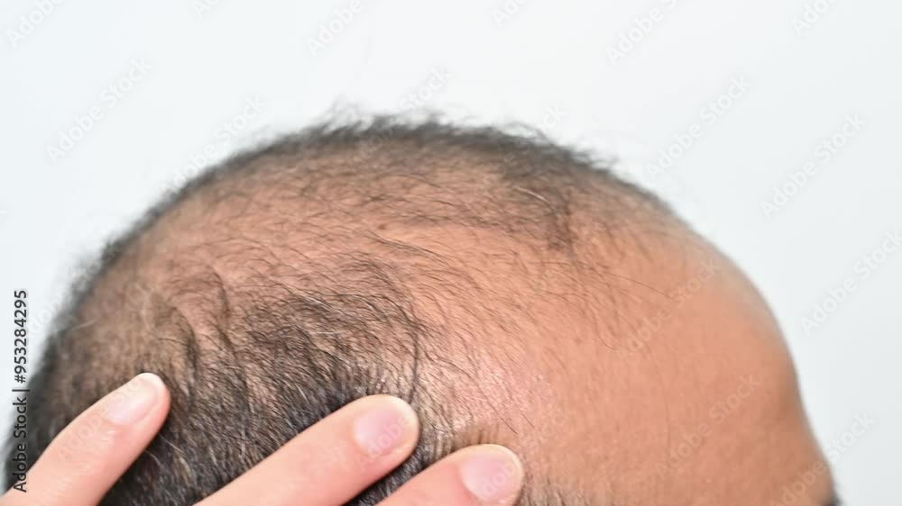 Someone hand touching Asian baldness man scalp for checking hair loss problem before Hair Transplantation. Someone hand touching Asian baldness man scalp for checking hair loss problem before Hair Transplantation.