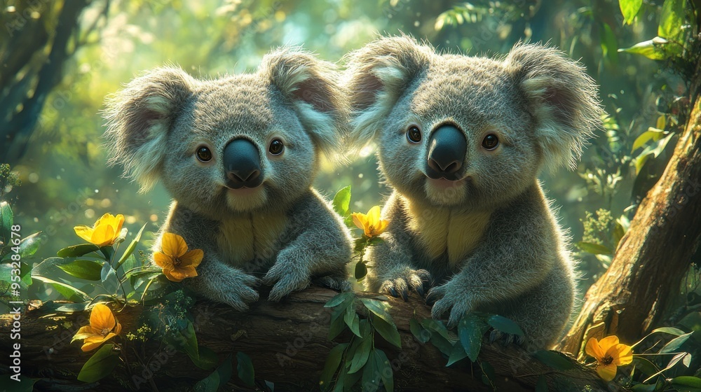 Two adorable koalas sitting on a branch surrounded by flowers. Two adorable koalas sitting on a branch surrounded by flowers.