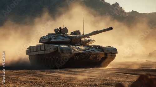 Military Tank Driving Through Desert