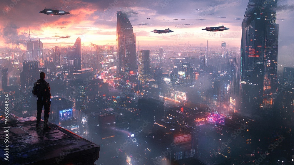 A futuristic cityscape at sunset features towering skyscrapers adorned with neon lights and holographic advertisements. High-speed aircraft are seen flying through the sky, creating a dynamic scene as A futuristic cityscape at sunset features towering skyscrapers adorned with neon lights and holographic advertisements. High-speed aircraft are seen flying through the sky, creating a dynamic scene as