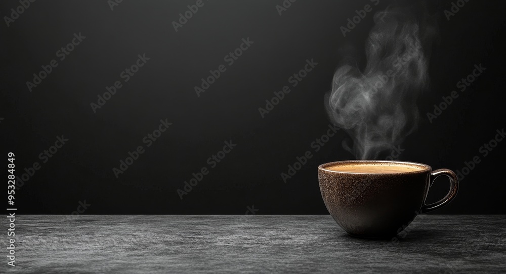 A steaming cup of coffee sits on a dark countertop, creating a cozy atmosphere in the morning A steaming cup of coffee sits on a dark countertop, creating a cozy atmosphere in the morning