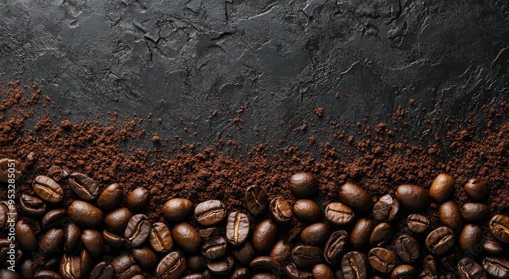 Rich coffee beans spread over dark textured surface during daylight hours in a rustic kitchen Rich coffee beans spread over dark textured surface during daylight hours in a rustic kitchen