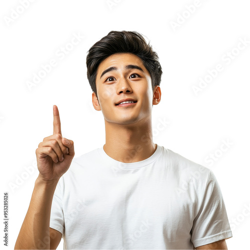 A young Asian man is energetically pointing upwards with a joyful expression against a light background, Attractive young smart Asian man pointing up with his finger transparent background