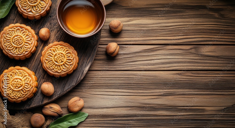 Delicious mooncakes served with fragrant tea on a wooden table during a festive gathering Delicious mooncakes served with fragrant tea on a wooden table during a festive gathering