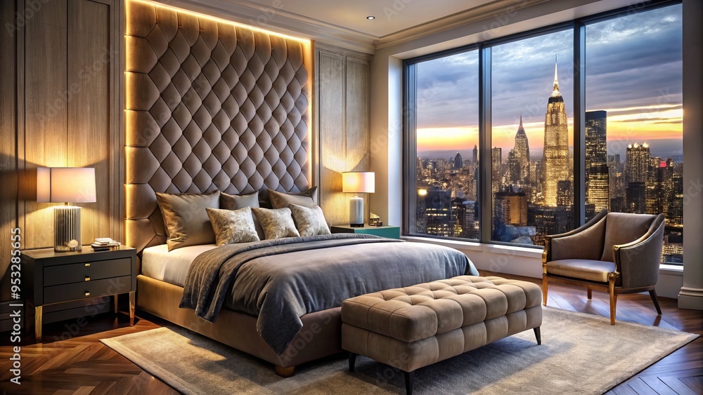 opulent velvet headboard against Manhattan skyline backdrop at dusk with soft golden lighting and minimalist decor in a sleek Upper East Side apartment opulent velvet headboard against Manhattan skyline backdrop at dusk with soft golden lighting and minimalist decor in a sleek Upper East Side apartment
