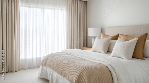 Cozy bedroom featuring neutral tones, soft pillows, and natural light, perfect for a serene and relaxing atmosphere.
