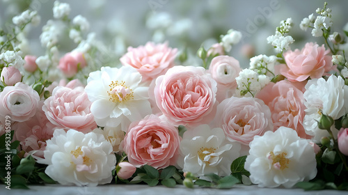 Close-up of delicate pink and white roses with green leaves.