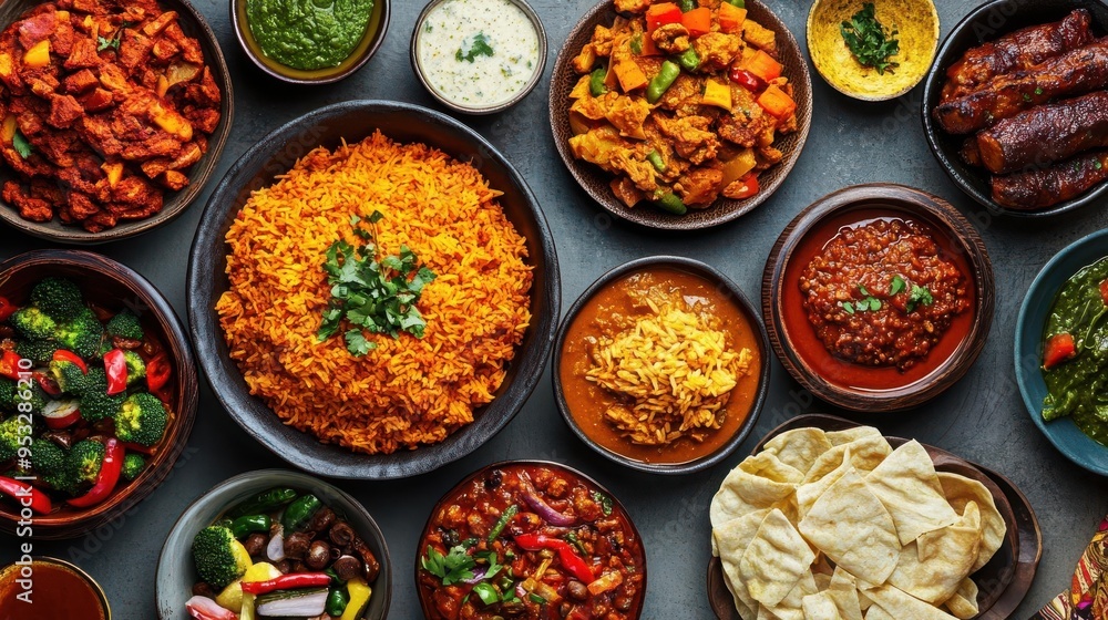 A table full of traditional Nigerian food with many different dishes, including rice, beans, and meat A table full of traditional Nigerian food with many different dishes, including rice, beans, and meat