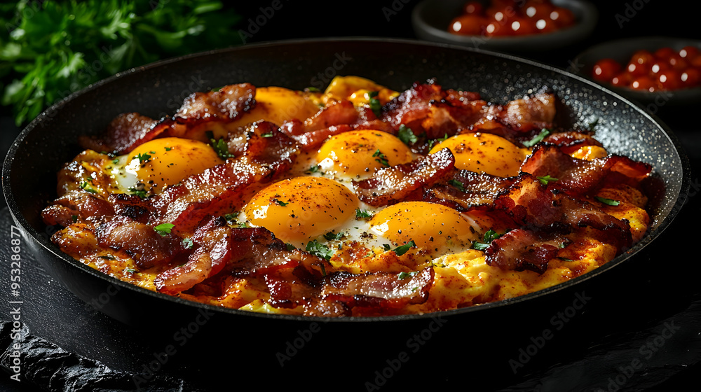 Close-up of fried eggs with crispy bacon in a black skillet. Close-up of fried eggs with crispy bacon in a black skillet.